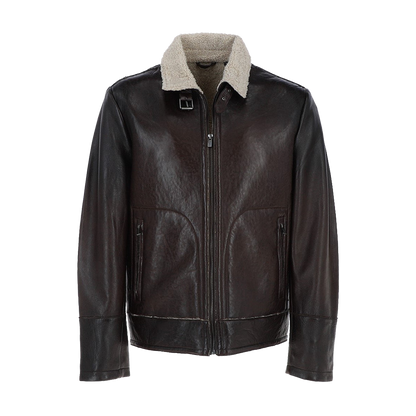Casual Dark Leather Jacket With Cream Fur Collar