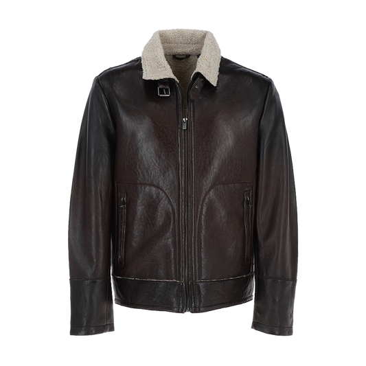 Casual Dark Leather Jacket With Cream Fur Collar