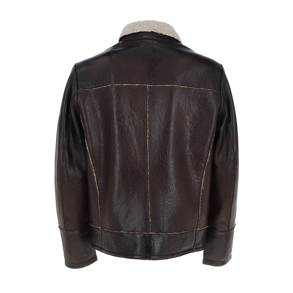Casual Dark Leather Jacket With Cream Fur Collar