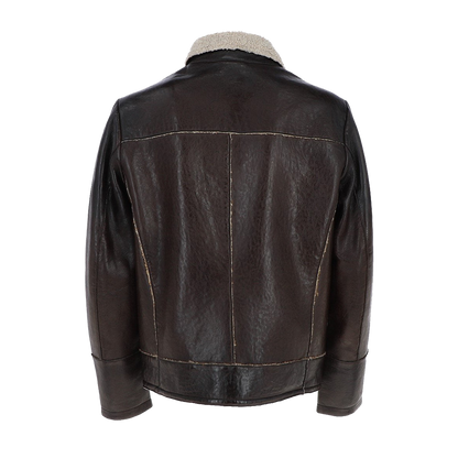 Casual Dark Leather Jacket With Cream Fur Collar