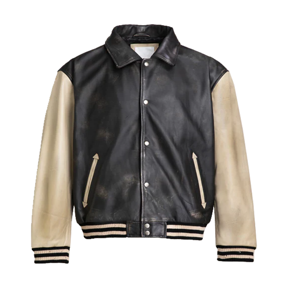 Distressed Black And Cream Leather Varsity Jacket