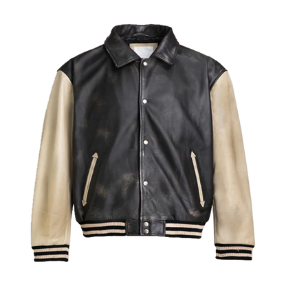 Distressed Black And Cream Leather Varsity Jacket