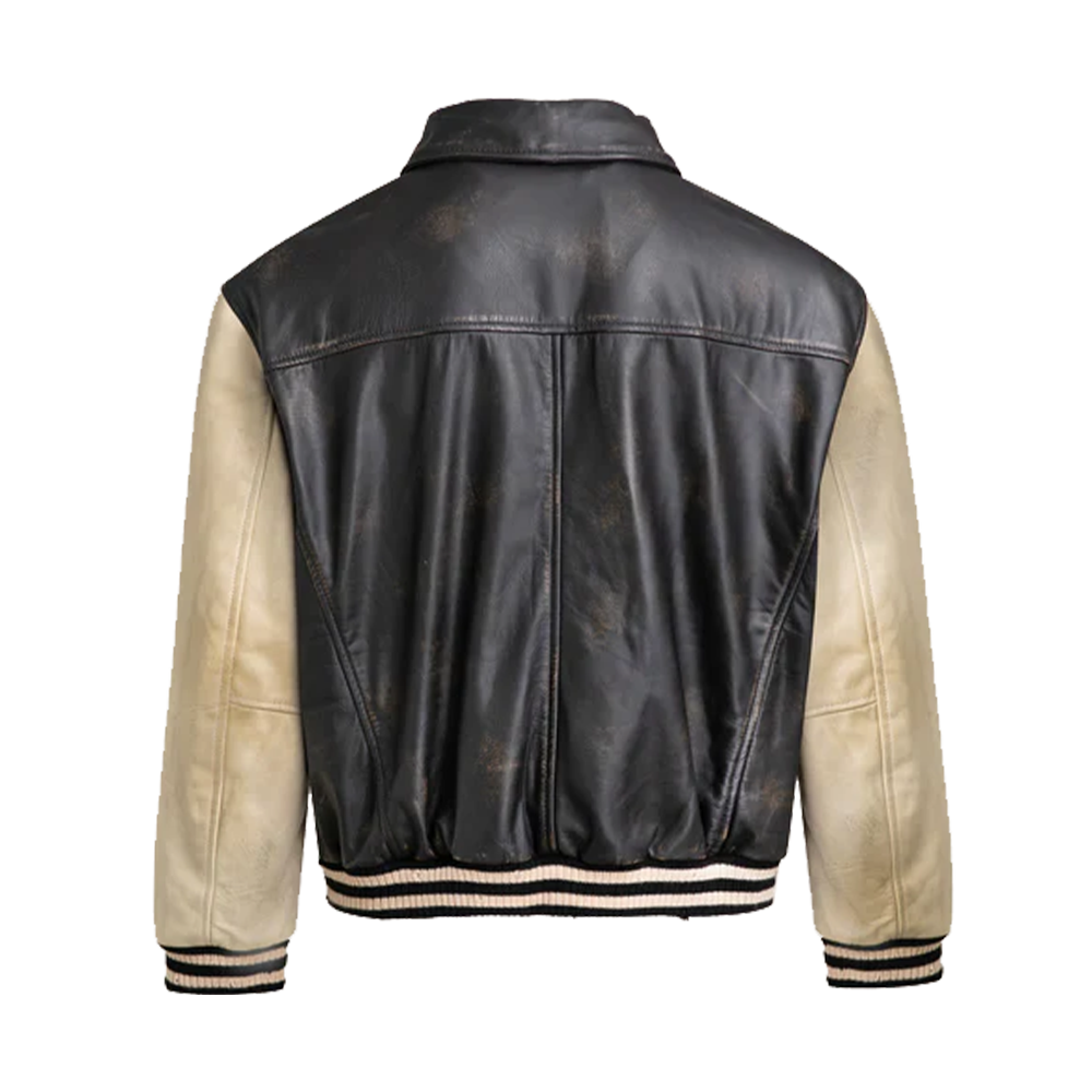 Distressed Black And Cream Leather Varsity Jacket