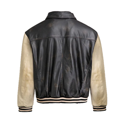 Distressed Black And Cream Leather Varsity Jacket
