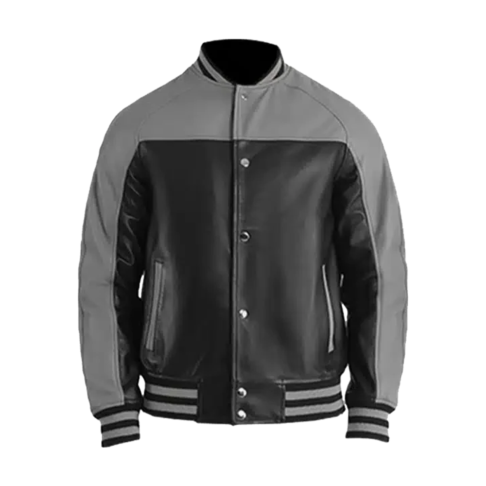Charcoal Performance Smooth Leather Stadium Jacket