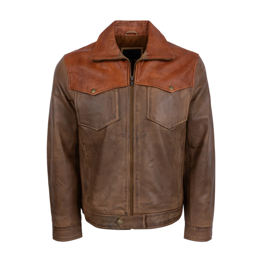 Two-Tone Western Style Leather Jacket